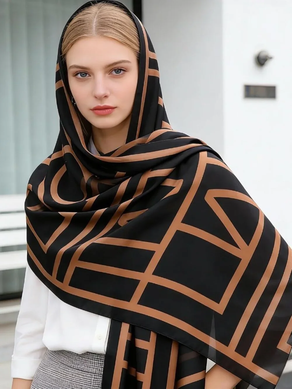 Women's Black Lightweight Silk Like Scarves Flower Print Head Cotton Wrap Scarf